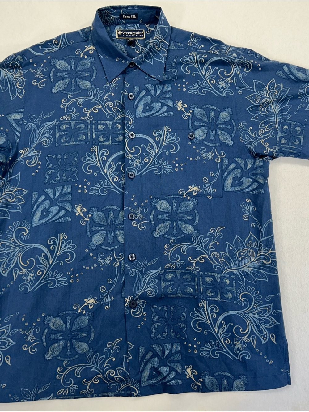 Weekender Men’s Large Silk Cotton Hawaiian Shirt Blue Floral Aloha Short Sleeve